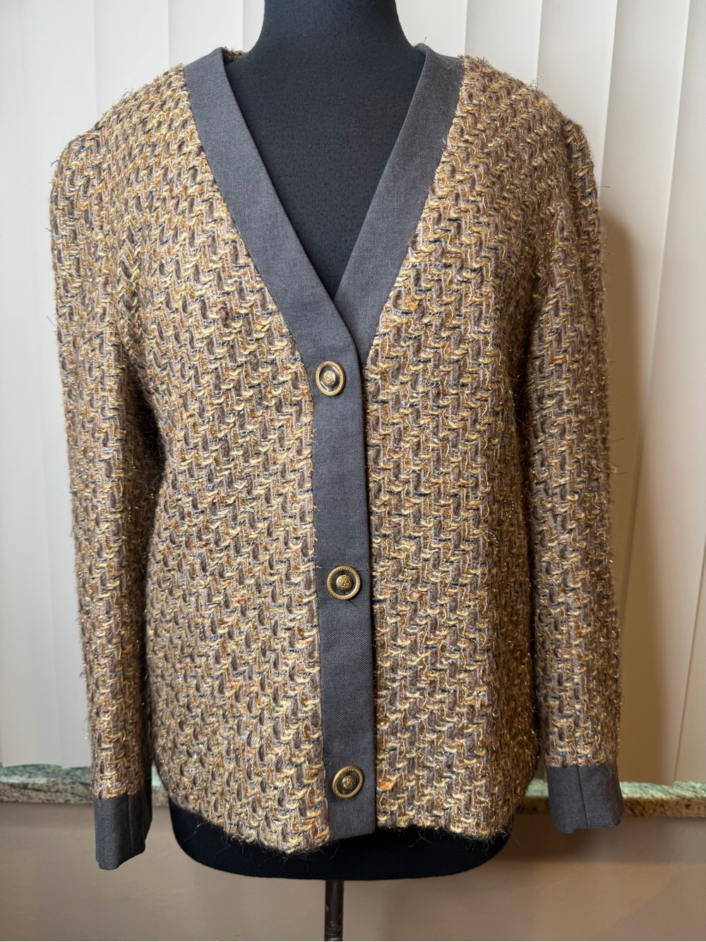 Poly Watson Tweed Brown Gold Button-Front Cardigan Size 12